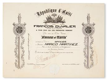 (HAITI.) Duvalier, François. LOrdre National de Honeur et Merite certificate signed by Papa Doc.